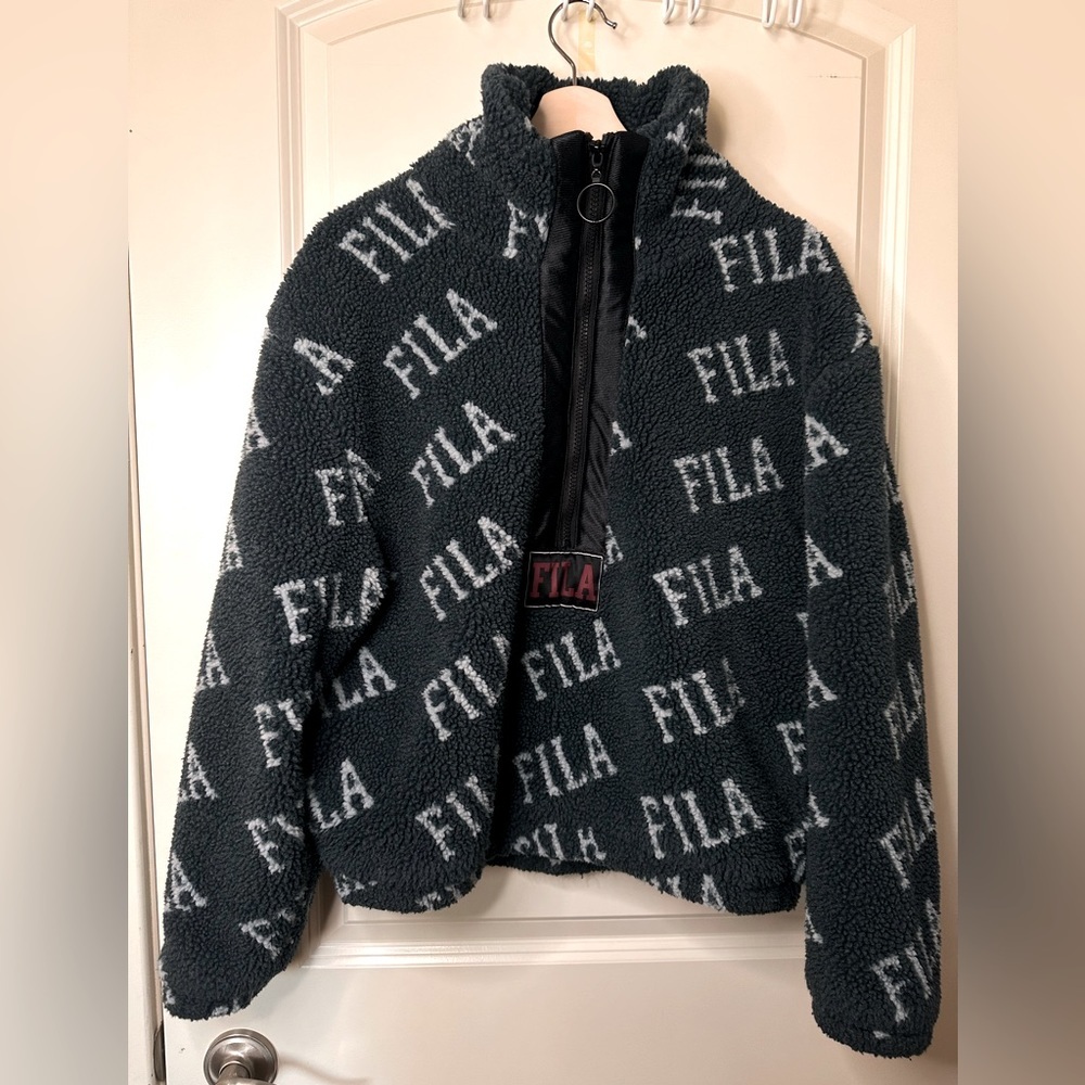 FILA Allover Logo Print Sherpa Fleece Half Zip Pullover Jacket S